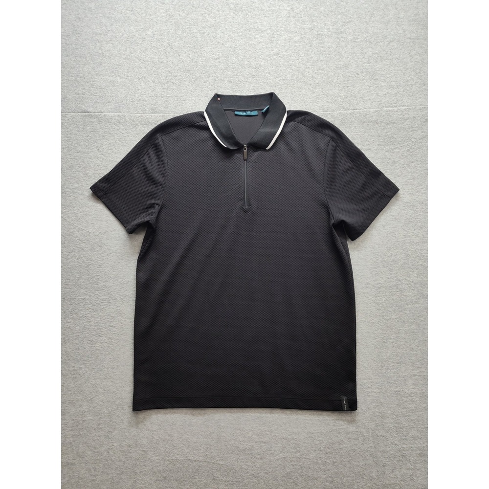 Perry Ellis Men Polo Shirts M Black 1/4 Zip Ribbed Collar Short‎ Sleeve Casual
